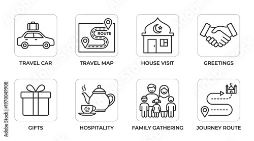 Minimalist Eid travel icons set, clean black-and-white festive visit essentials illustration