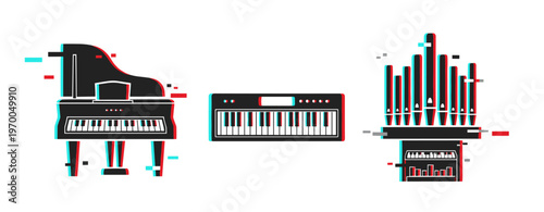 Stylized piano, keyboard, and organ illustration with glitch effect