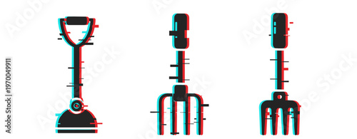 Abstract 3d garden tools in glitch art style