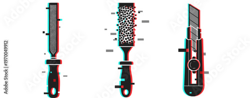 Glitch effect tool set: file, brush, and utility knife on white background