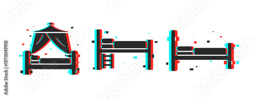 Three stylized bunk beds in glitch art style