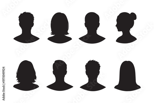 male female avatar silhouettes set, front view user profile heads, anonymous people icons, isolated black vector illustration
