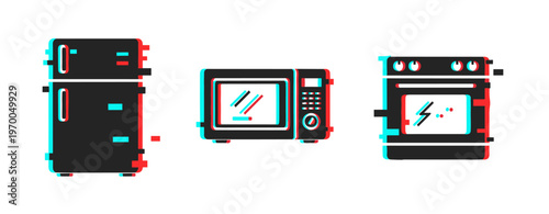 Glitch art style icons of refrigerator, microwave, and stove