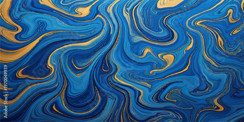 Seamless abstract blue and yellow background with gold waves and liquid paint swirls featuring a textile texture and artistic water design