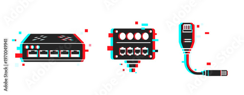 Glitch art of network devices: switch, hub, and ethernet cable icons