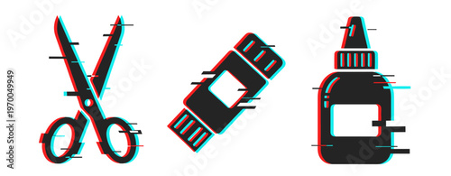 Glitch art of scissors, glue stick, and glue bottle in 3d effect