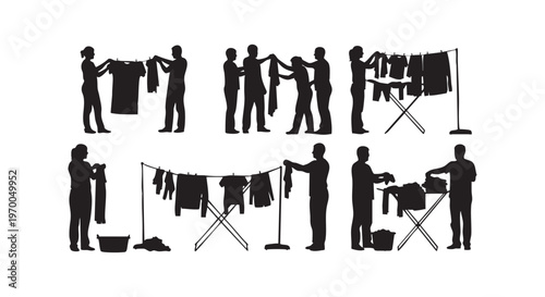 A set of silhouettes showing people doing laundry isolated on transparent background