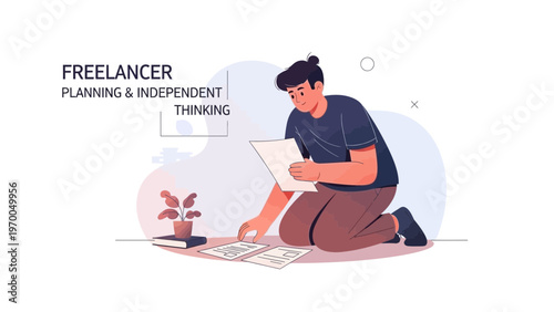 Freelancer Planning and Independent Thinking, Man Working on Papers