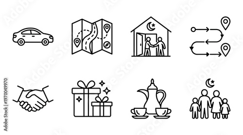 Minimalist Eid travel icons set, clean black-and-white festive visit essentials illustration