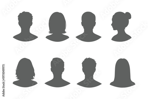 male female avatar silhouettes set, front view user profile heads, anonymous people icons, isolated black vector illustration