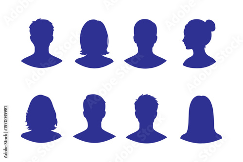 male female avatar silhouettes set, front view user profile heads, anonymous people icons, isolated black vector illustration