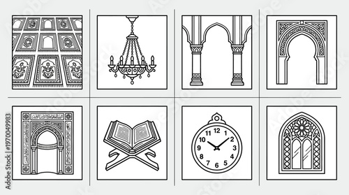 Minimalist Islamic motifs icons set, clean black-and-white cultural design essentials illustration