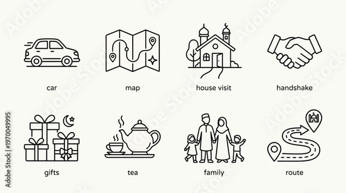 Minimalist Eid travel icons set, clean black-and-white festive visit essentials illustration