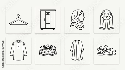 Minimalist clothing icons set, clean black-and-white traditional and everyday wear essentials illustration