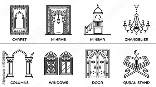 Minimalist Islamic architecture icons set, clean black-and-white cultural design essentials illustration