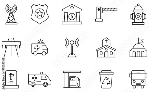 Set of public service icon in line style. Containing community, government employee, education, healthcare, technology, transportation, justice, constitution and more. Vector illustration.