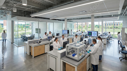 Modern open-plan science laboratory with researchers in white coats working at workstations, bright natural light, 4k, Generative AI.