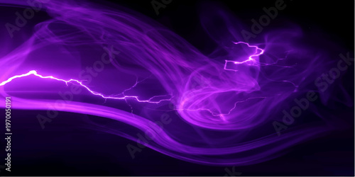 A smooth, flowing wave of blue and purple smoke curves into an abstract motion pattern of light and energy swirls over a dark black backdrop