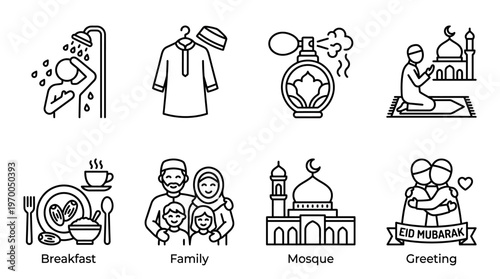Minimalist Eid morning routine icons set, clean black-and-white festive daily essentials illustration