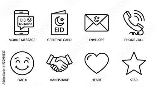 Minimalist Eid communication icons set, clean black-and-white festive cultural essentials illustration