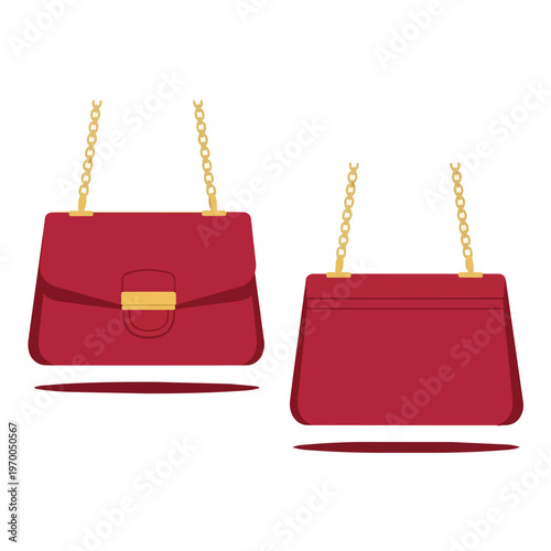 Set of elegant red leather handbags with gold chain straps