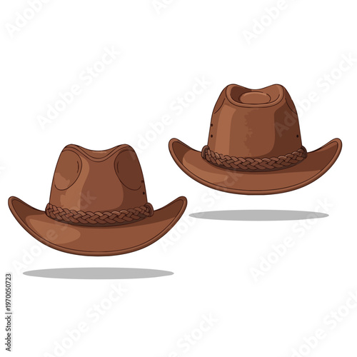 Two Brown Leather Cowboy Hats Isolated on White Background