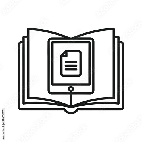 Open book with tablet displaying document icon, representing digital learning and online education.