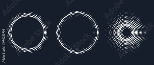 Radial dot gradient circles and spiral halftone shapes collection isolated on dark background futuristic design