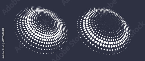 Minimal geometric dotted rings and halftone circles set isolated on dark background modern tech abstract elements