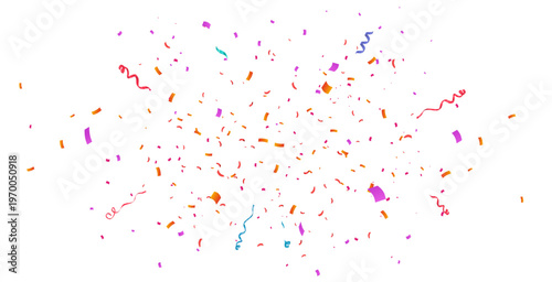 Bright party confetti burst with curled ribbons and colorful paper pieces isolated on transparent background