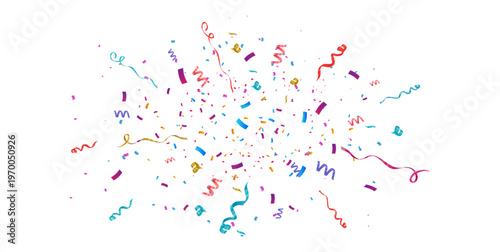 Colorful confetti explosion with streamers and paper pieces isolated on transparent background festive celebration overlay