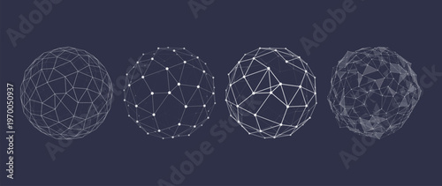 Abstract wireframe sphere collection with polygon mesh connections dots and lines futuristic low poly network technology shapes