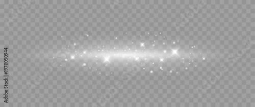 Glowing white particles sparkle overlay with bokeh light effect isolated on transparent background