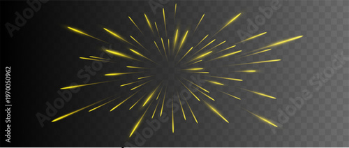 Abstract radial light rays burst with glowing golden beams isolated on transparent background flare overlay