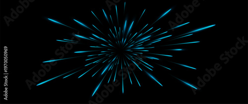 Blue radial light burst with glowing neon rays and dynamic star explosion effect isolated on transparent background