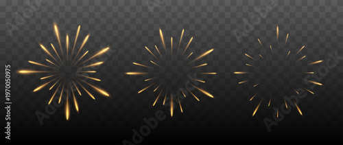 Bright golden starburst explosion with glowing light rays isolated on transparent background energy effect
