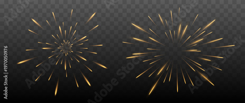 Golden radial light burst effect with glowing rays isolated on transparent background star flare overlay