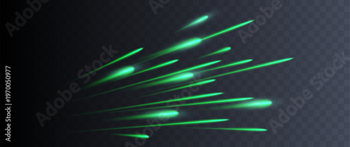 Green neon speed light trails with glowing motion streaks isolated on transparent background futuristic energy effect