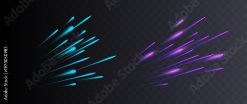 Neon blue and purple speed light trails with glowing motion streaks isolated on transparent background futuristic energy effect
