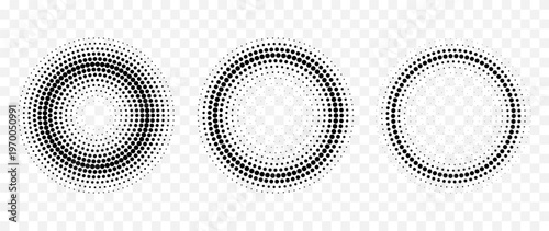 Abstract halftone dotted circles set with radial gradient dot pattern isolated on transparent background modern geometric design