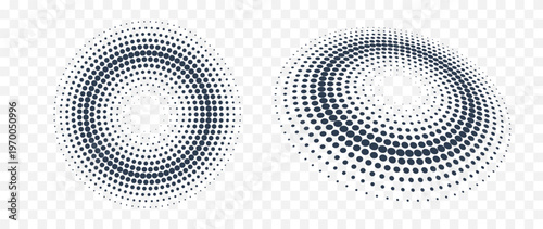 Circular halftone dot pattern collection with radial rings and perspective sphere effect isolated on transparent background