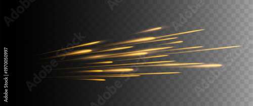 Golden speed light trails with glowing motion streaks isolated on transparent background dynamic energy beam effect