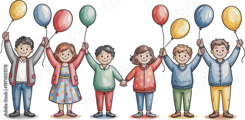 Cartoon children with balloons holding hands, joyful celebration, cute kids illustration, party fun, happiness, friendship, unity, cheerful artwork