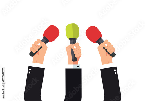 Hands holding microphones capturing sound and conducting interviews for news reporting and public speaking events.