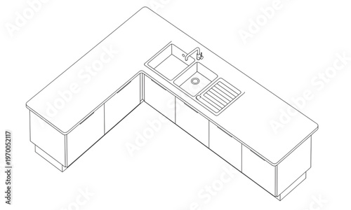 Modern L-Shaped Kitchen Island with Double Sink Isometric Outline for Interior Design and Architecture