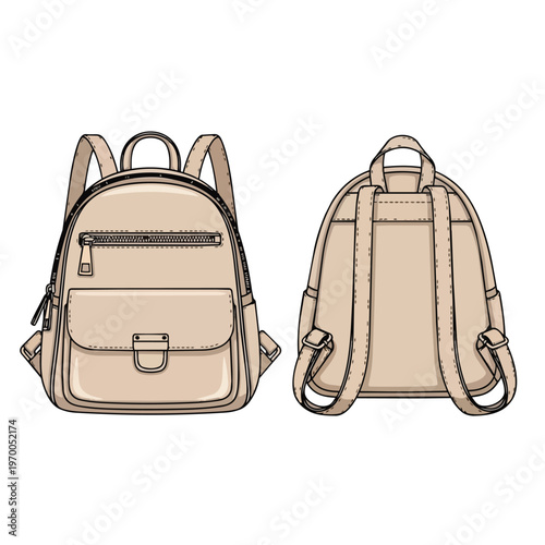 Fashionable beige leather backpack front and back view technical drawing