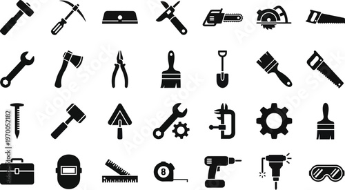 Collection of black silhouette icons depicting various construction and repair tools