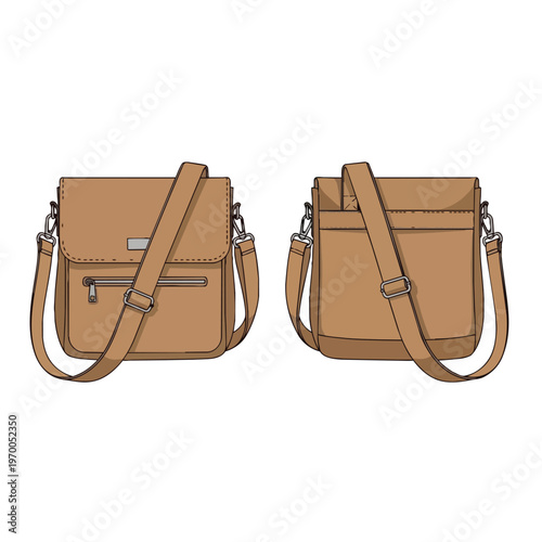 Fashionable Brown Leather Crossbody Messenger Bag Illustration
