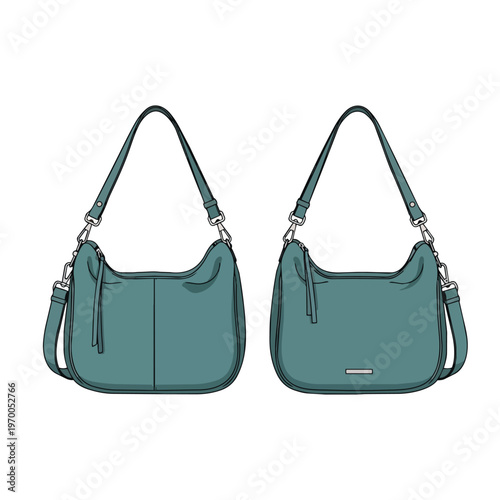 Fashionable Teal Leather Hobo Bag Technical Drawing