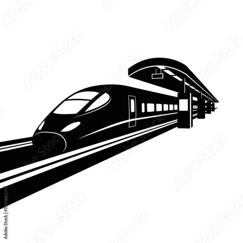 Sleek High-Speed Train at Station Platform in Black and White.